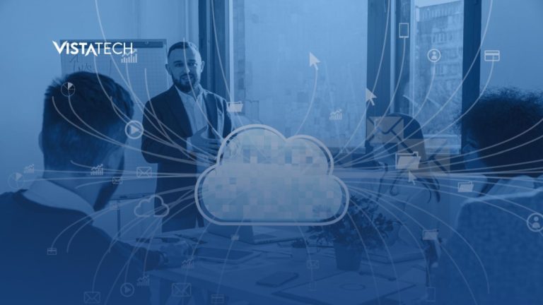 Ilustrasi cloud technology untuk bisnis: tim bekerja kolaboratif dari lokasi berbeda dengan akses real-time ke sistem dan dokumen berbasis cloud.