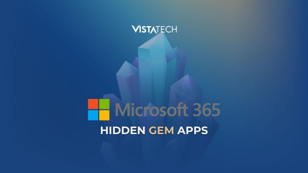 Ilustrasi digital bergaya modern dengan teks "Microsoft 365 Hidden Gem Apps". Gambar menampilkan ikon atau simbol teknologi dan kolaborasi tim, mewakili aplikasi-aplikasi tersembunyi di Microsoft 365 yang meningkatkan produktivitas.