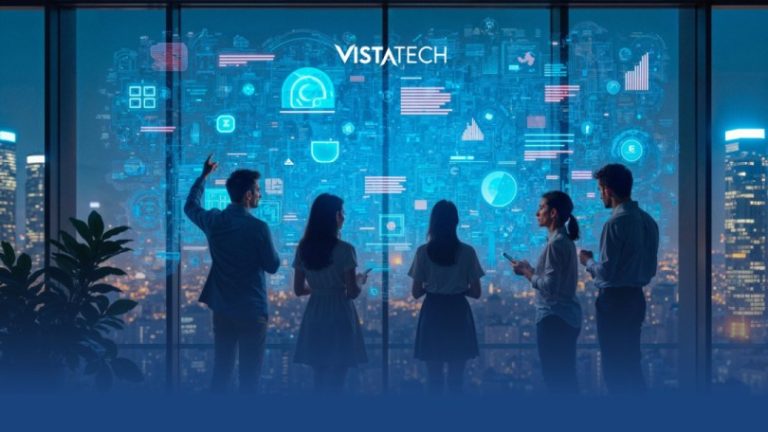 Ilustrasi pemimpin bisnis memanfaatkan teknologi dan Artificial Intelligence untuk analisis data, pengambilan keputusan strategis, dan peningkatan efisiensi organisasi.