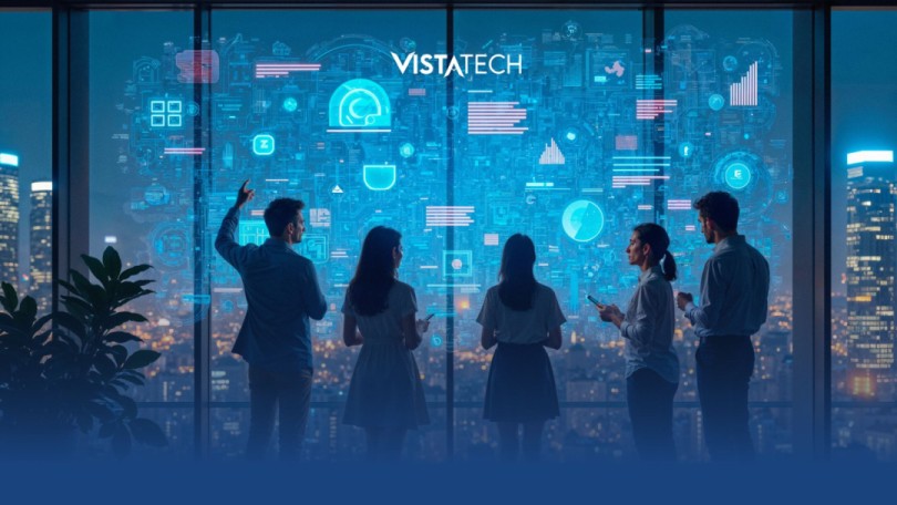 Ilustrasi pemimpin bisnis memanfaatkan teknologi dan Artificial Intelligence untuk analisis data, pengambilan keputusan strategis, dan peningkatan efisiensi organisasi.